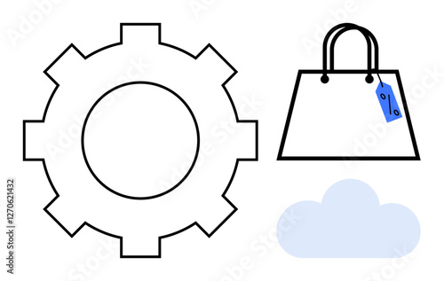 Gear, shopping bag with price tag, and cloud icon representing e-commerce, technological innovation, online shopping, cloud computing, efficiency, and retail industry growth. Ideal for digital trade