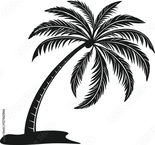 Palm tree silhouette vector illustration, tropical beach landscape, coconut palm icon, summer holiday design, exotic island sunset scene, black palm tree isolated