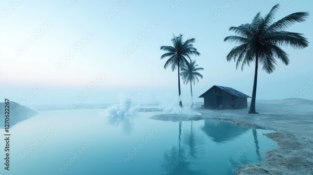 Acid rain climate change concept. A serene view of a misty lagoon with palm trees and a tranquil atmosphere. Acid rain climate change concept. A serene view of a misty lagoon with palm trees and a tranquil atmosphere.