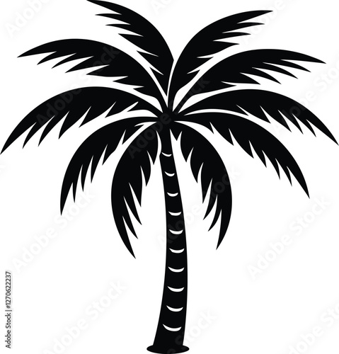 Palm tree silhouette vector illustration, tropical beach landscape, coconut palm icon, summer holiday design, exotic island sunset scene, black palm tree isolated