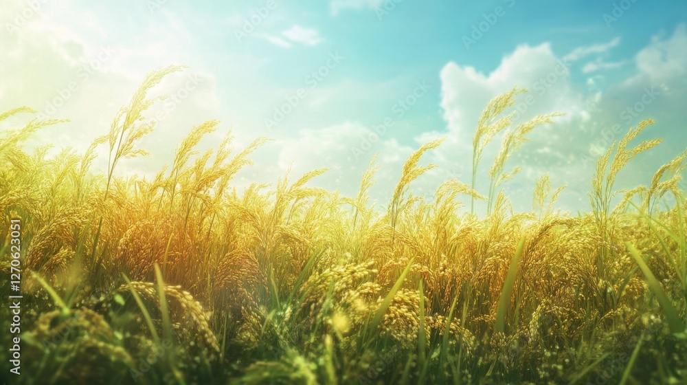 Fototapeta premium Golden Wheat Field Under Blue Sky with Fluffy Clouds and Sunshine