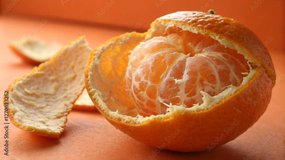 Zesty Delight: A peeled tangerine, showcasing its juicy segments and vibrant orange hue, lies on a similarly colored surface. Capturing a moment of freshness and a healthy lifestyle. Zesty Delight: A peeled tangerine, showcasing its juicy segments and vibrant orange hue, lies on a similarly colored surface. Capturing a moment of freshness and a healthy lifestyle.