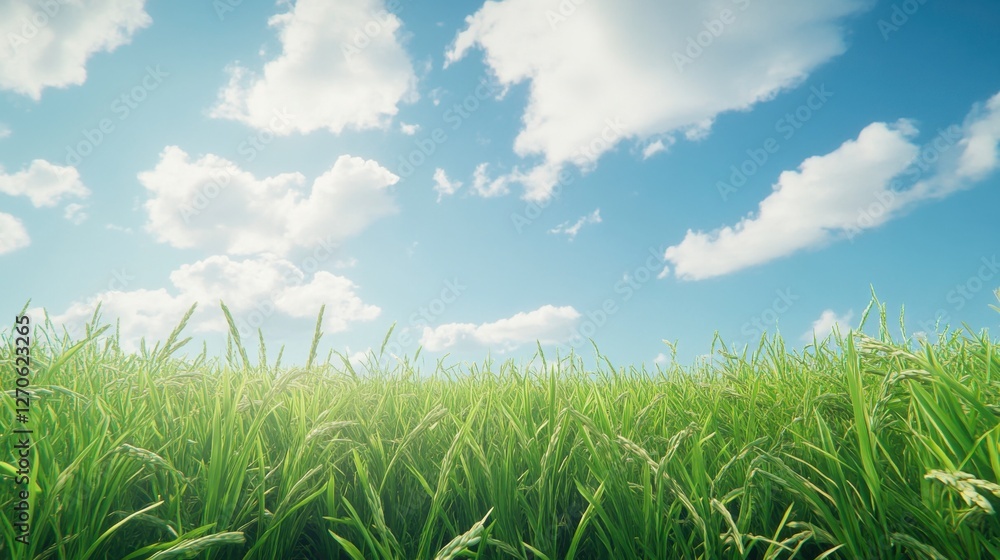 Fototapeta premium Lush Green Rice Field Under Bright Blue Sky with Fluffy Clouds