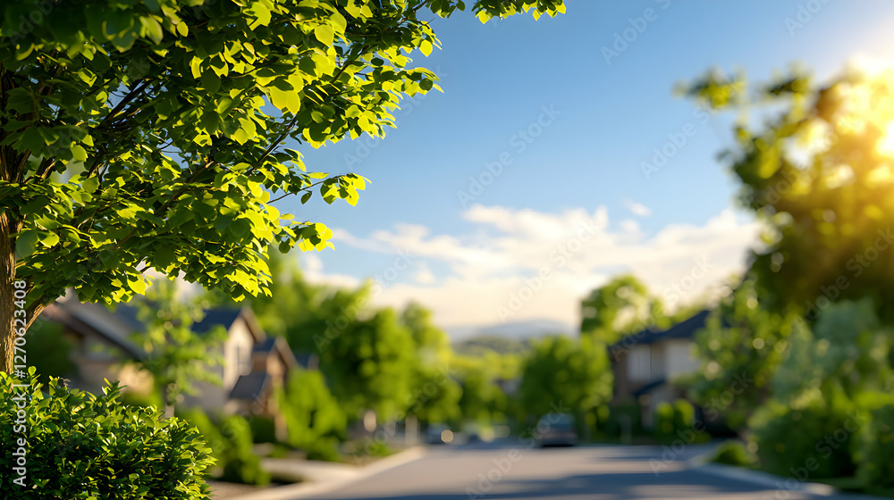 Suburban Street with Lush Green Trees and Sunny Sky in Residential Neighborhood Suburban Street with Lush Green Trees and Sunny Sky in Residential Neighborhood