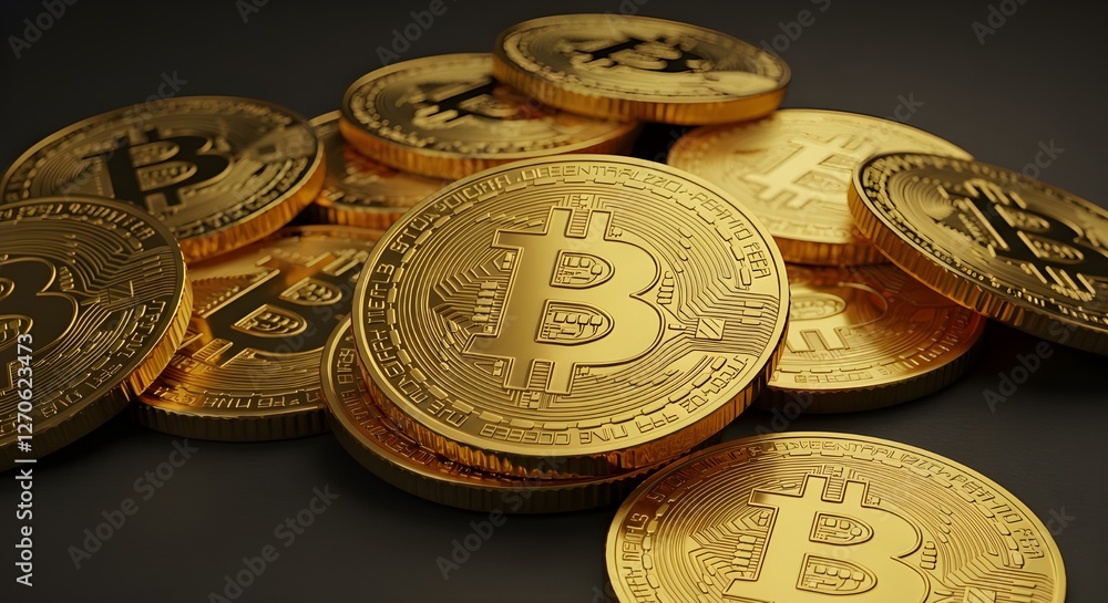 stack of gold coins with Bitcoin symbol stack of gold coins with Bitcoin symbol