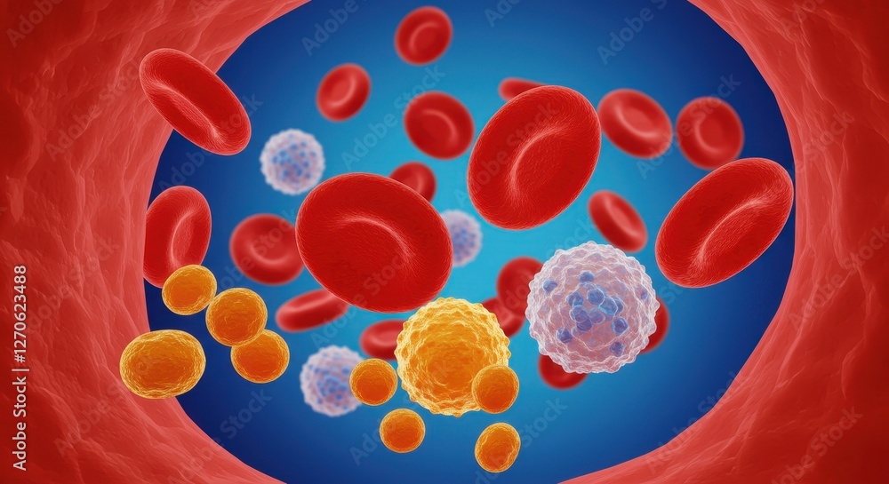 Fototapeta premium A vibrant 3D visualization of blood cells, including red blood cells, white blood cells and cholesterol particles flowing through a vein
