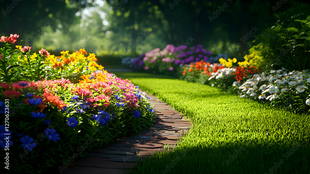 Sun Drenched Garden Path with Colorful Flowers in Full Bloom on a Beautiful Sunny Day Sun Drenched Garden Path with Colorful Flowers in Full Bloom on a Beautiful Sunny Day