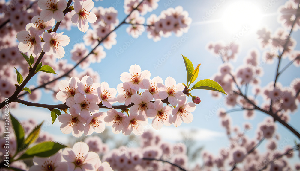 Cherry Blossoms in Full Bloom Against Blue Sky Cherry Blossoms in Full Bloom Against Blue Sky