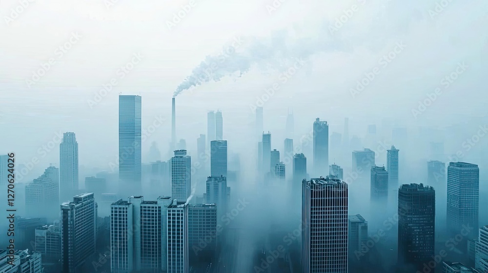 Acid rain climate change idea. Foggy skyline of a modern city with towering buildings and smoke emerging from chimneys. Acid rain climate change idea. Foggy skyline of a modern city with towering buildings and smoke emerging from chimneys.