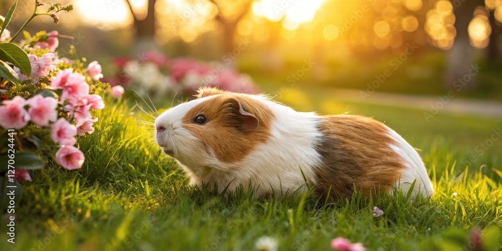 Peaceful Guinea Pig in Garden at Golden Hour - Tranquil Flat Illustration with Soft Sunlight and Clean Lines Peaceful Guinea Pig in Garden at Golden Hour - Tranquil Flat Illustration with Soft Sunlight and Clean Lines