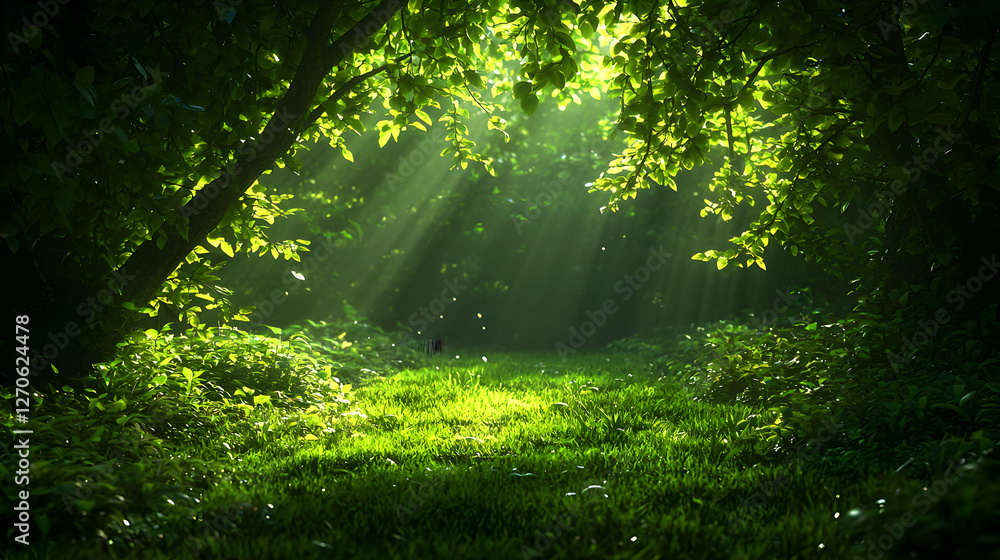 Obraz premium Sun Rays Illuminating a Green Forest Path with Lush Foliage and Natural Beauty