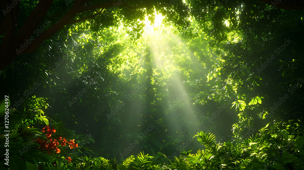 Sun Rays Shining Through Dense Green Forest Canopy Creating a Serene and Vibrant Natural Scene Sun Rays Shining Through Dense Green Forest Canopy Creating a Serene and Vibrant Natural Scene