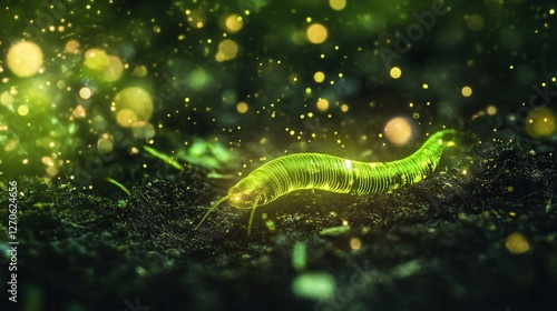 Glowing caterpillar crawling in forest floor nature photography macro environment enchanted viewpoint