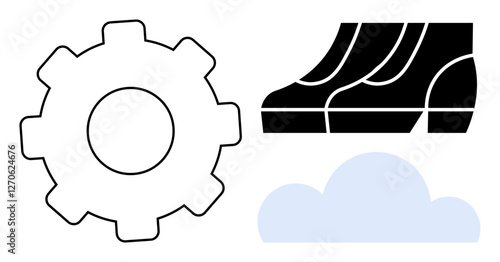 Gear wheel, server racks, and cloud icons symbolizing technology integration, cloud computing, and data storage. Ideal for IT systems, engineering, modern infrastructure, innovation cloud services