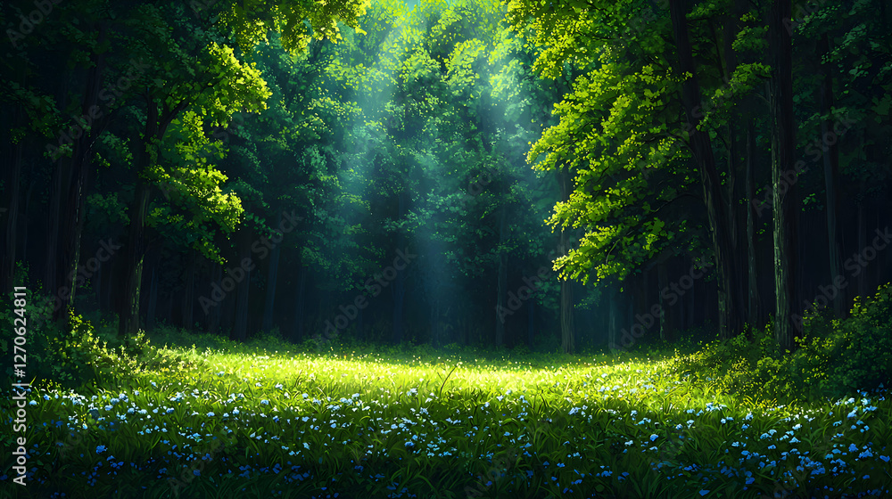 Fototapeta premium Sun Rays Through Green Forest Canopy with Wildflowers on Meadow Creates a Serene Landscape