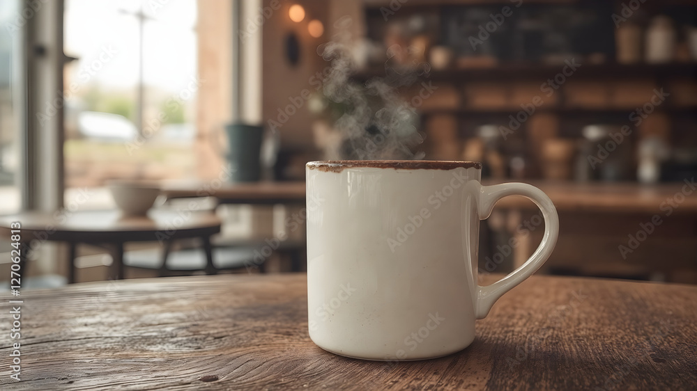 Cozy ceramic coffee mug mockup on a rustic wooden table with a blurred café background. Blank space for branding. Steam rises from the hot beverage, creating a warm and inviting atmosphere. Cozy ceramic coffee mug mockup on a rustic wooden table with a blurred café background. Blank space for branding. Steam rises from the hot beverage, creating a warm and inviting atmosphere.