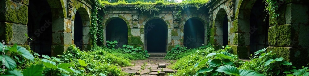 Forgotten mausoleum overgrown with moss and vines, Asia, mausoleum, mosaic Forgotten mausoleum overgrown with moss and vines, Asia, mausoleum, mosaic