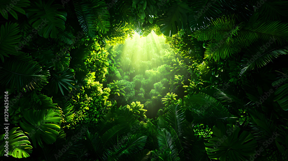 Obraz premium Lush Green Forest Canopy View with Sunlight Breaking Through the Leaves and a Dense Tree Canopy