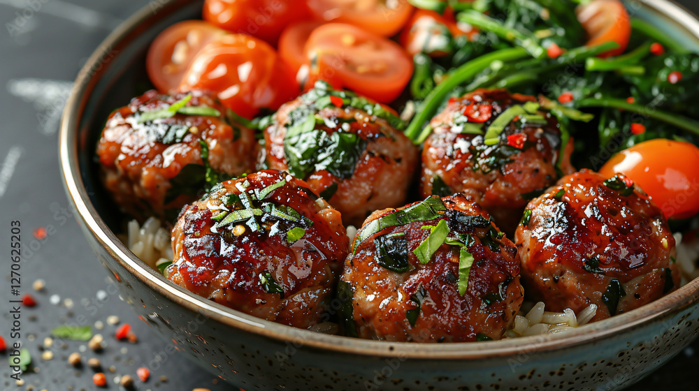 A close-up of Meatballs roasted with tomatoes and spinach in the bowl A close-up of Meatballs roasted with tomatoes and spinach in the bowl