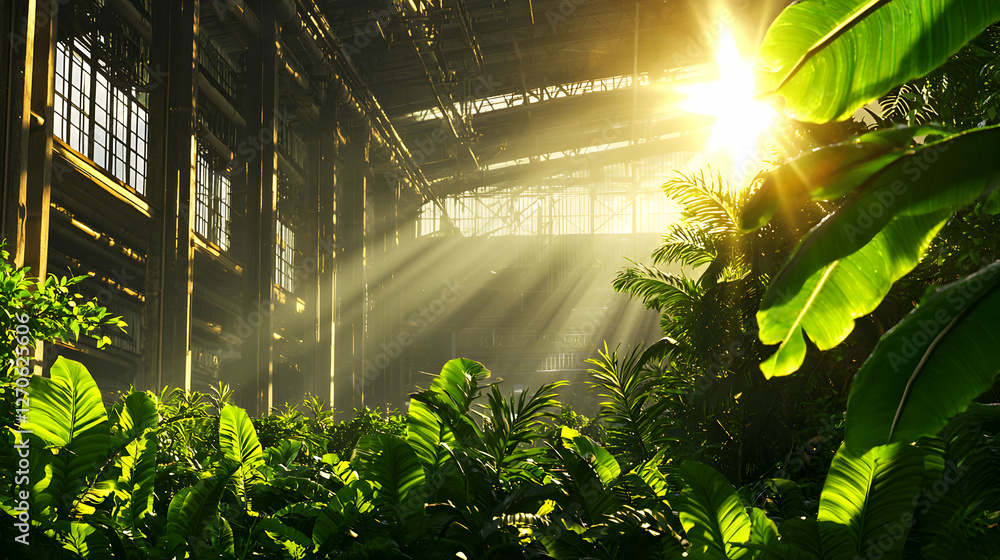 Obraz premium Lush Green Tropical Foliage Bathed in Golden Sunlight with Warm Rays Through Window