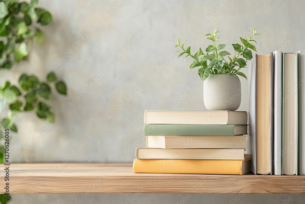 Transform Your Mindset A Stack of Inspirational Self-Help Books on a Wood Shelf in a Tranquil Space Transform Your Mindset A Stack of Inspirational Self-Help Books on a Wood Shelf in a Tranquil Space