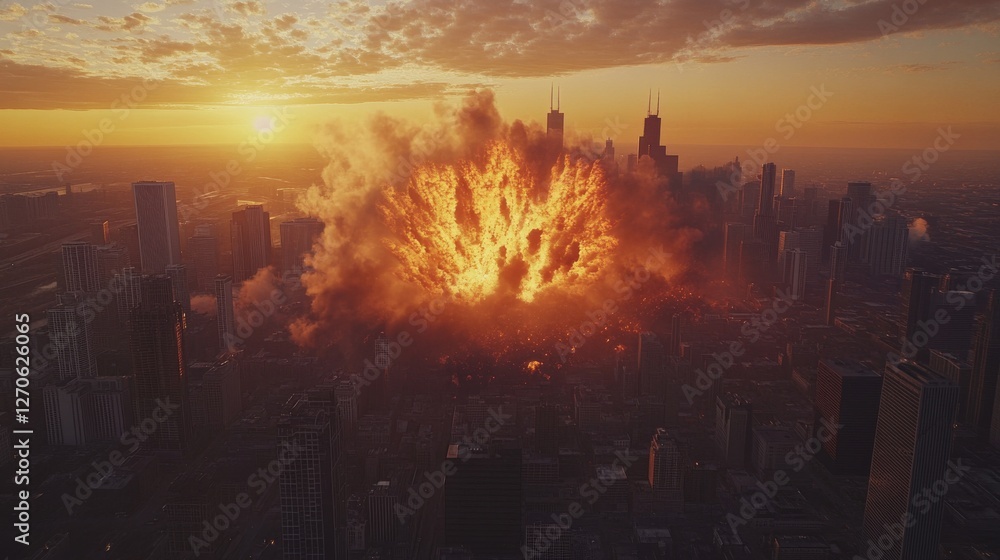 Obraz premium Spectacular explosion lights up the Chicago skyline at dusk, casting fiery reflections on the towering buildings