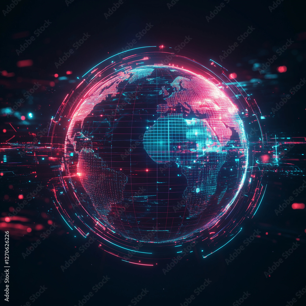 Fototapeta premium Futuristic Digital Rendering of a Glowing Neon Earth with Holographic Grid Overlay, Sci-Fi High-Tech Aesthetics