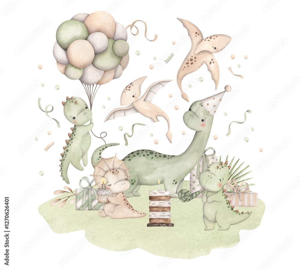 Obraz premium Dinosaurs Birthday Party. Watercolor hand-drawn illustration with little dinosauros, tropical plants, balloons, gifts and confetti.