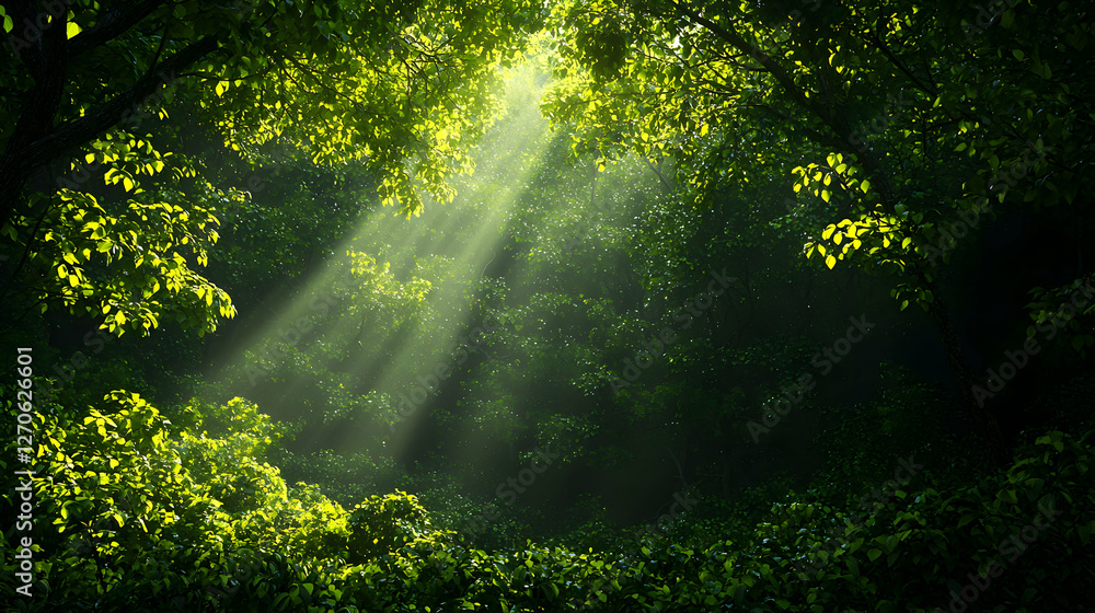 Fototapeta premium Sunlight Streaming Through Green Forest Canopy Creating an Ethereal Atmosphere in Vibrant Green