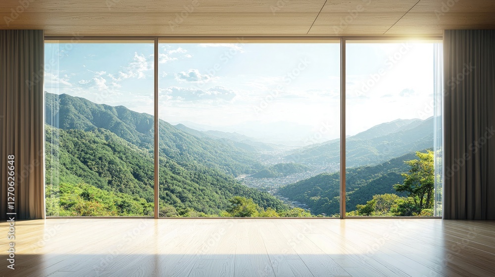 Naklejka premium A large, open concrete space with tall glass windows overlooking trees and grass. Sunlight shines through the windows