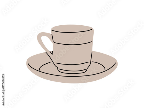 Morning coffee cup with hot freshly brewed espresso or americano. Mug of aromatic caffeine drink with saucer. Simple flat vector illustration isolated