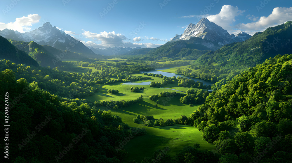 Fototapeta premium Lush Green Valley Landscape with Snowy Mountain Peaks Under Blue Sky and Scattered Clouds in Bright Sunlight