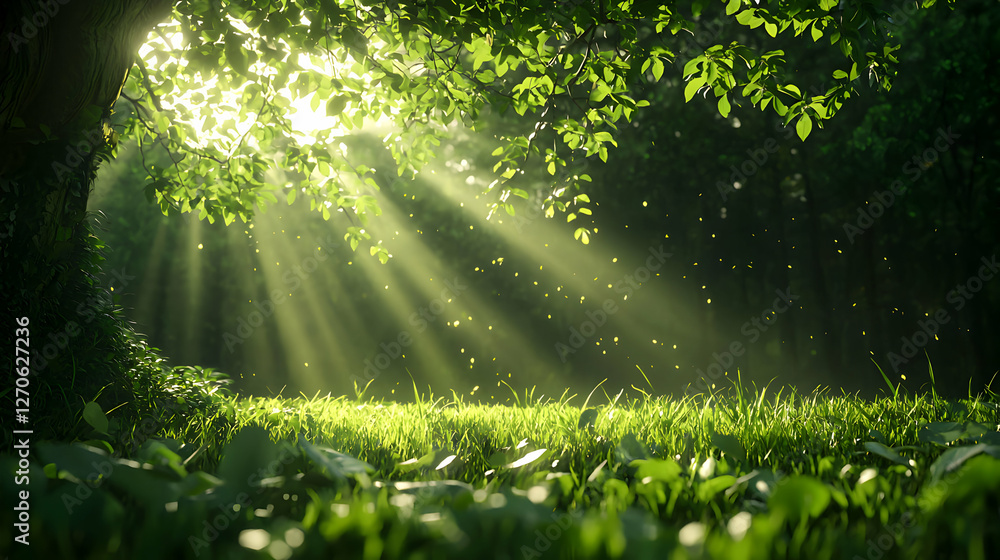 Fototapeta premium Sunlight Streaming Through Leaves in Lush Green Forest Scene