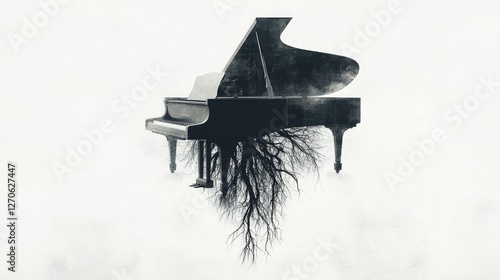 Inspiration flows from music as a grand piano merges with tree roots, symbolizing the connection between nature and art in an ethereal landscape