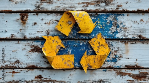 Weathered wooden background with a faded yellow recycling symbol, evoking themes of sustainability photo