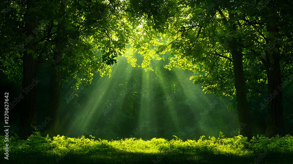 Fototapeta premium Sunlight Streaming Through Verdant Forest Canopy with Lush Greenery and Sun Rays Creating a Tranquil Scene