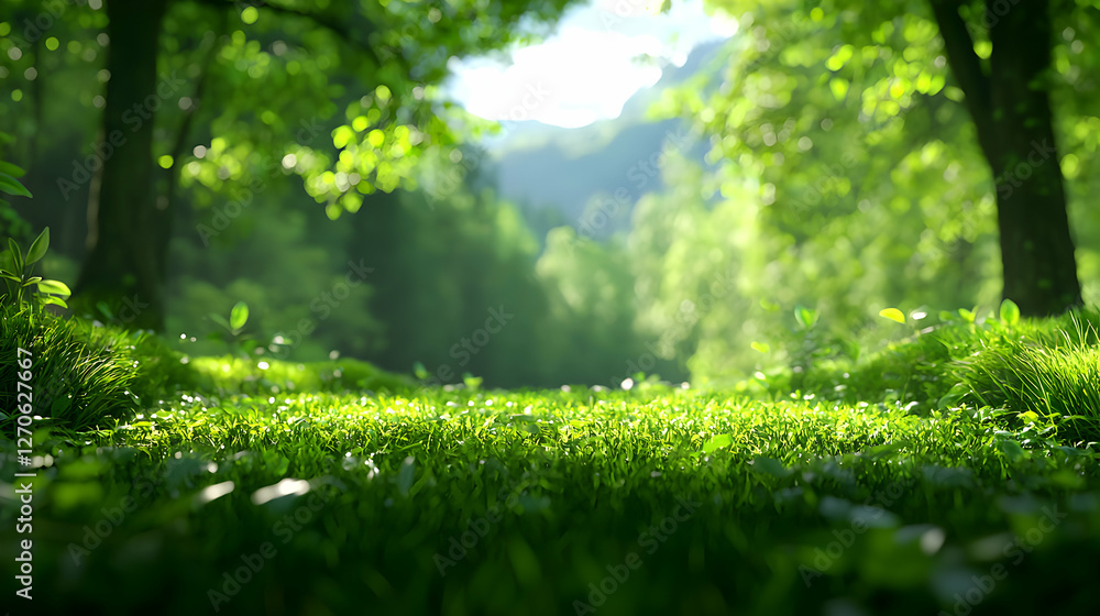 Fototapeta premium Lush Green Forest Landscape with Sunlight Filtering Through Trees on Vibrant Grassy Ground