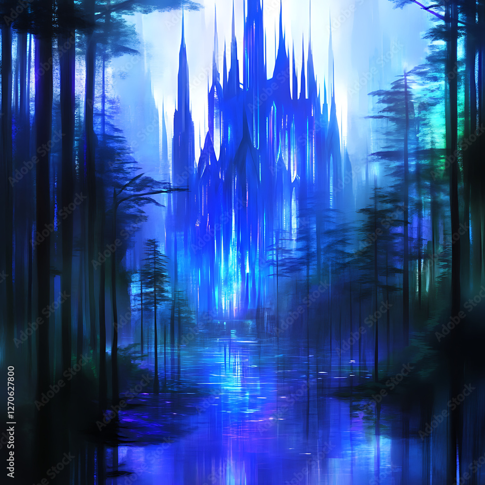 Obraz premium Ethereal Crystal Castle Reflected in the Forest River Under a Misty Sky with a Mystical Ambience