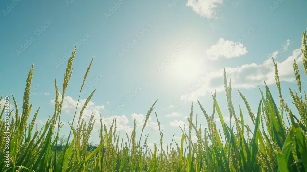Fototapeta premium Bright Green Rice Field Under Clear Blue Sky with Sunlight
