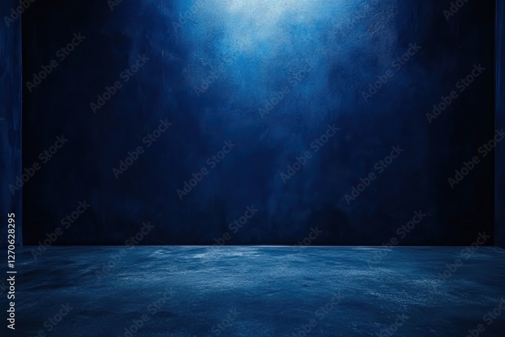 Dark blue studio backdrop, empty room, concrete floor, spotlight Dark blue studio backdrop, empty room, concrete floor, spotlight