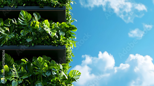 Lush Green Vertical Garden Adorns Building Exterior Against a Bright Blue Sky With Fluffy White Clouds