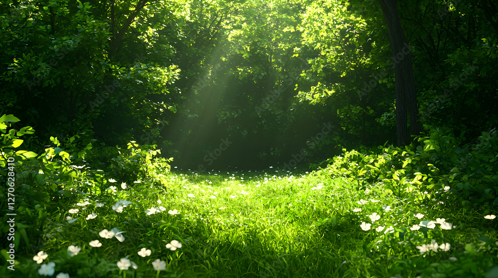 Fototapeta premium Lush Green Forest Meadow Bathed in Golden Sunlight with White Flowers and a Winding Path