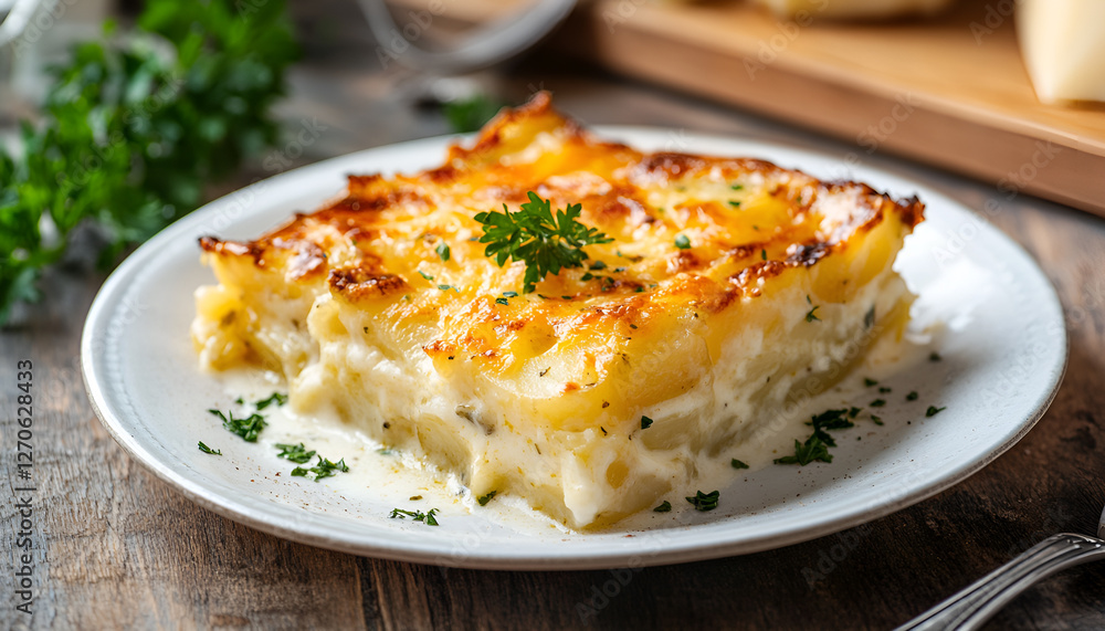 Potato gratin (casserole) with cream, cheese and parsley on white plate Potato gratin (casserole) with cream, cheese and parsley on white plate