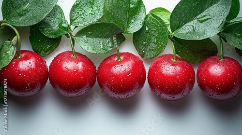Freshly picked red apples with green leaves on white background. Generative AI