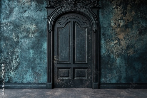 Dark Doorway, Mysterious Room, Teal Wall, Decaying Mansion, Interior Design photo