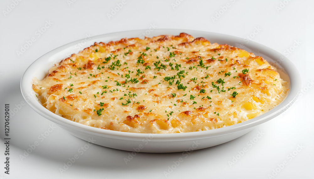 Potato gratin (casserole) with cream, cheese and parsley on white plate Potato gratin (casserole) with cream, cheese and parsley on white plate