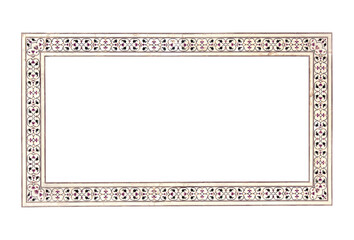 Frame with ancient carved floral decor on marble wall. Vertical or horizontal border with floral ornament. Mock up frame template. Copy space for text. Isolated on white background