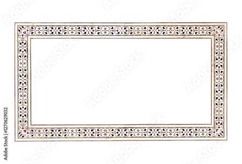 Frame with ancient carved floral decor on marble wall. Vertical or horizontal border with floral ornament. Mock up frame template. Copy space for text. Isolated on white background