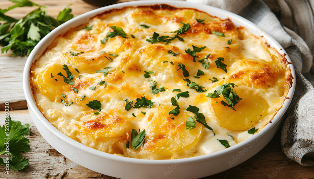 Potato gratin (casserole) with cream, cheese and parsley on white plate Potato gratin (casserole) with cream, cheese and parsley on white plate