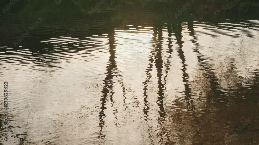 Soft ripples on water reflecting tall trees in warm natural light Soft ripples on water reflecting tall trees in warm natural light